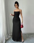 Black Spaghetti Strap Bodycon Maxi Dress With Side Slit