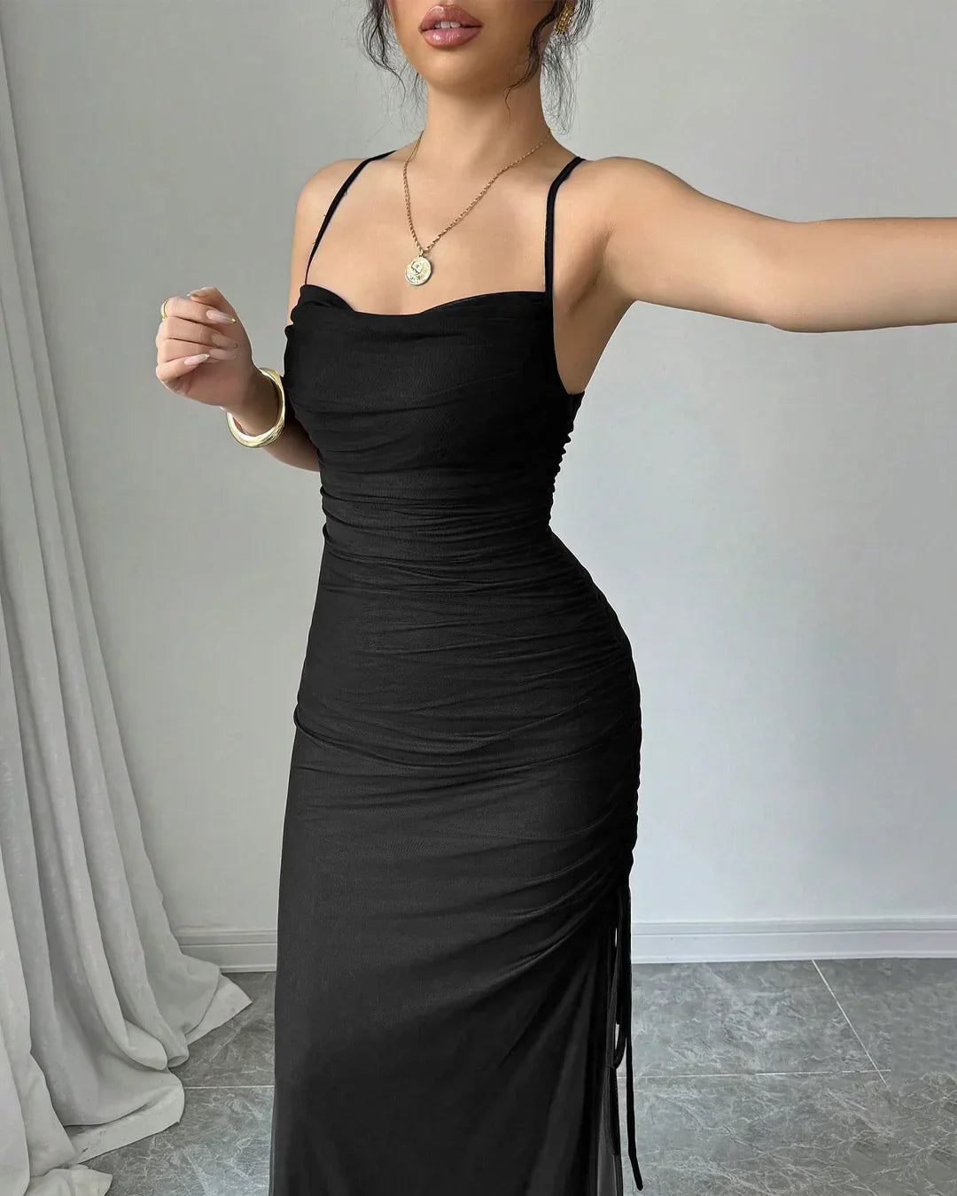 Black Spaghetti Strap Bodycon Maxi Dress With Side Slit