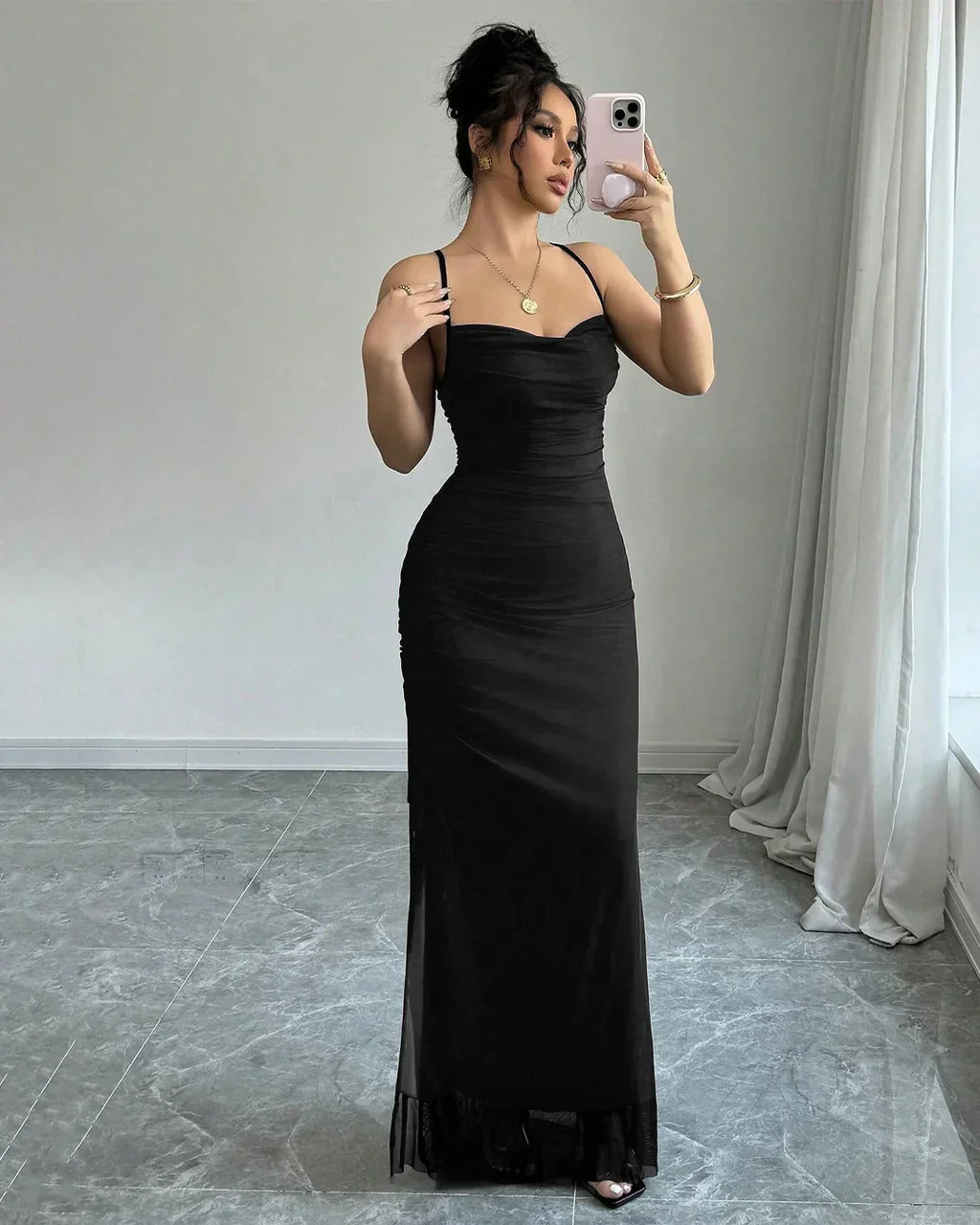 Black Spaghetti Strap Bodycon Maxi Dress With Side Slit