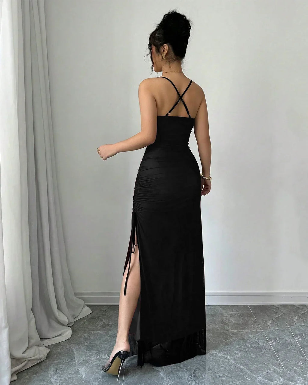 Black Spaghetti Strap Bodycon Maxi Dress With Side Slit