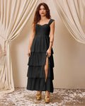 Black Tiered Maxi Dress with Side Slit and Sweetheart Neckline