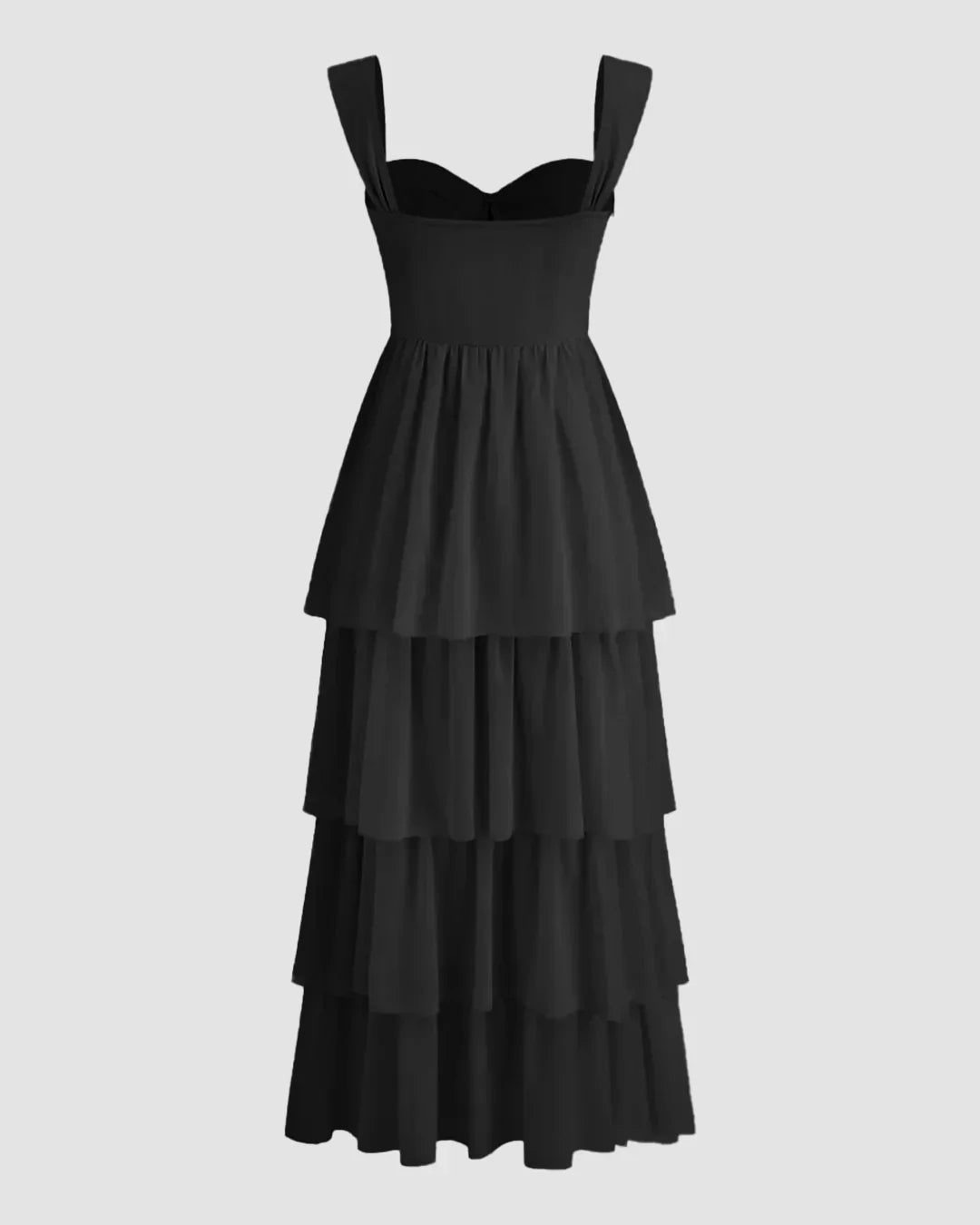 Black Tiered Maxi Dress with Side Slit and Sweetheart Neckline