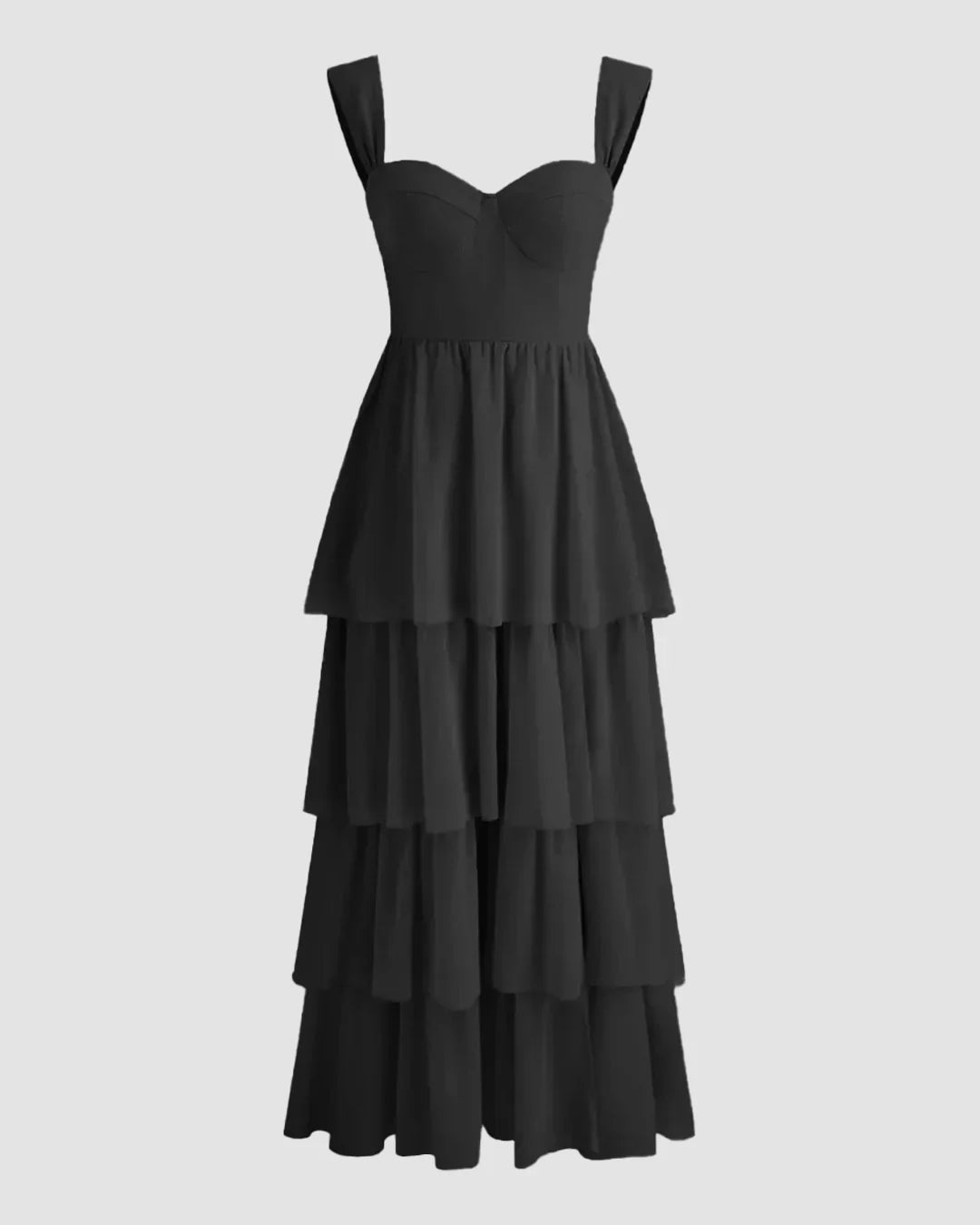Black Tiered Maxi Dress with Side Slit and Sweetheart Neckline