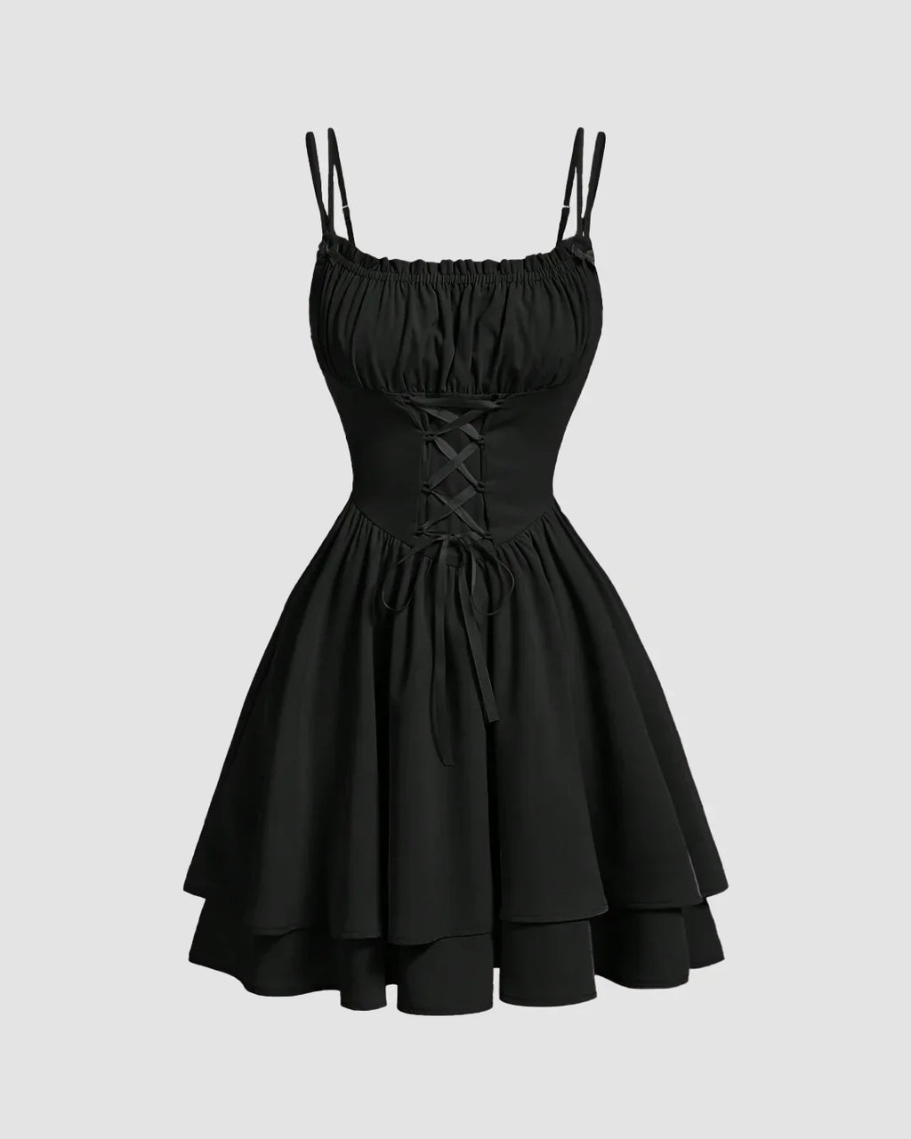 Corset Fit and Tiered Hem Lace Mini Dress in Black