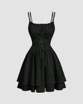 Corset Fit and Tiered Hem Lace Mini Dress in Black