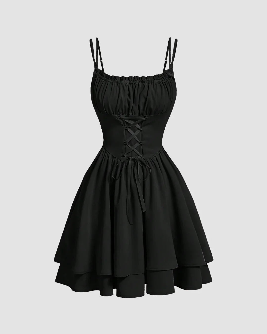 Corset Fit and Tiered Hem Lace Mini Dress in Black