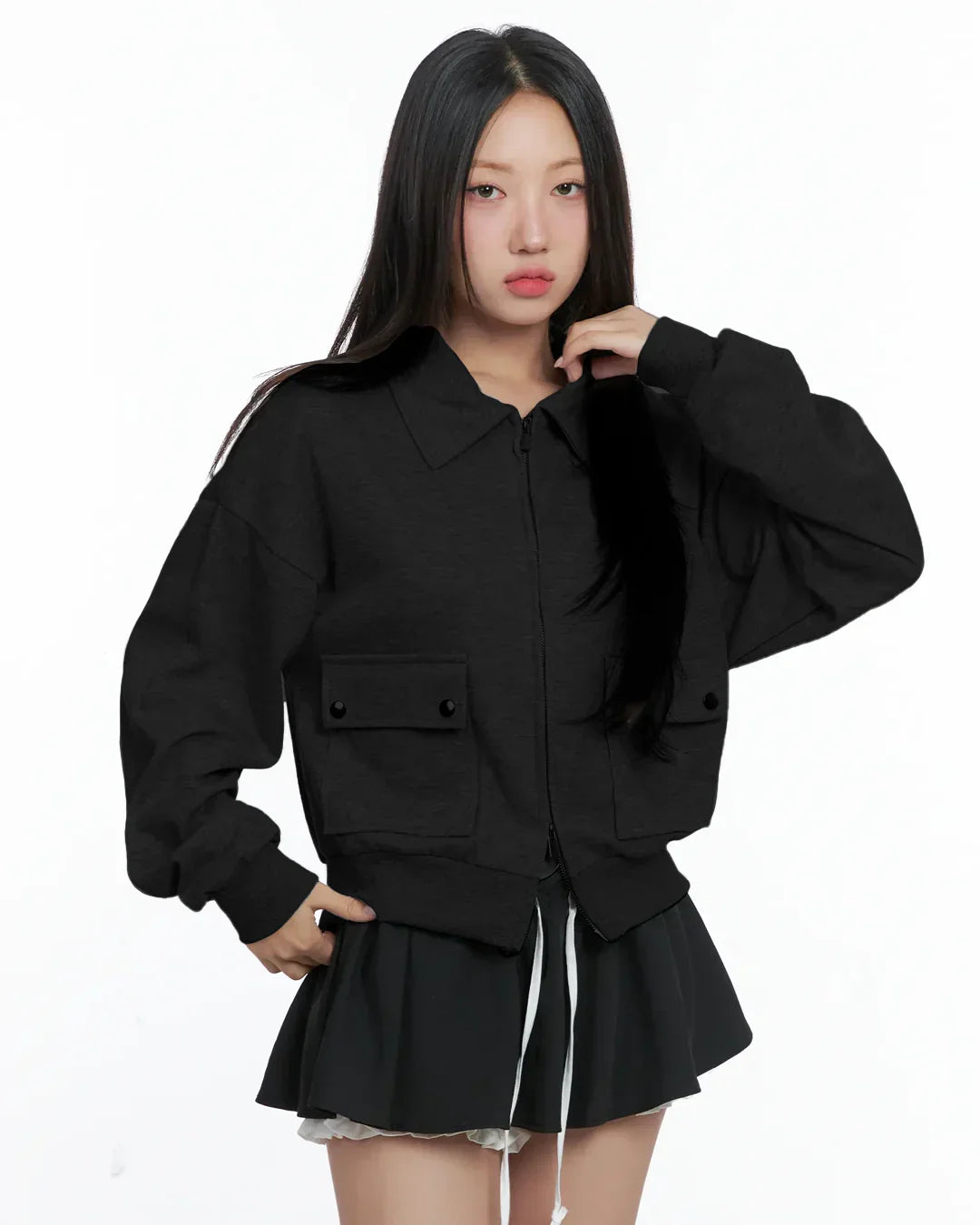 Black Zip Up Collar Long Sleeve Jacket with Front Pockets