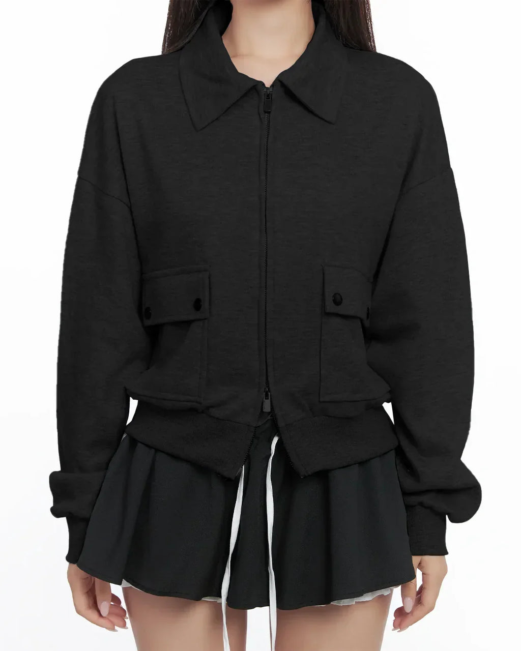Black Zip Up Collar Long Sleeve Jacket with Front Pockets