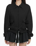 Black Zip Up Collar Long Sleeve Jacket with Front Pockets