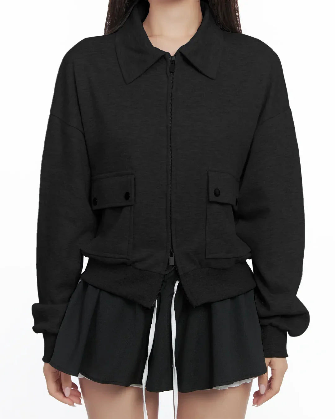 Black Zip Up Collar Long Sleeve Jacket with Front Pockets