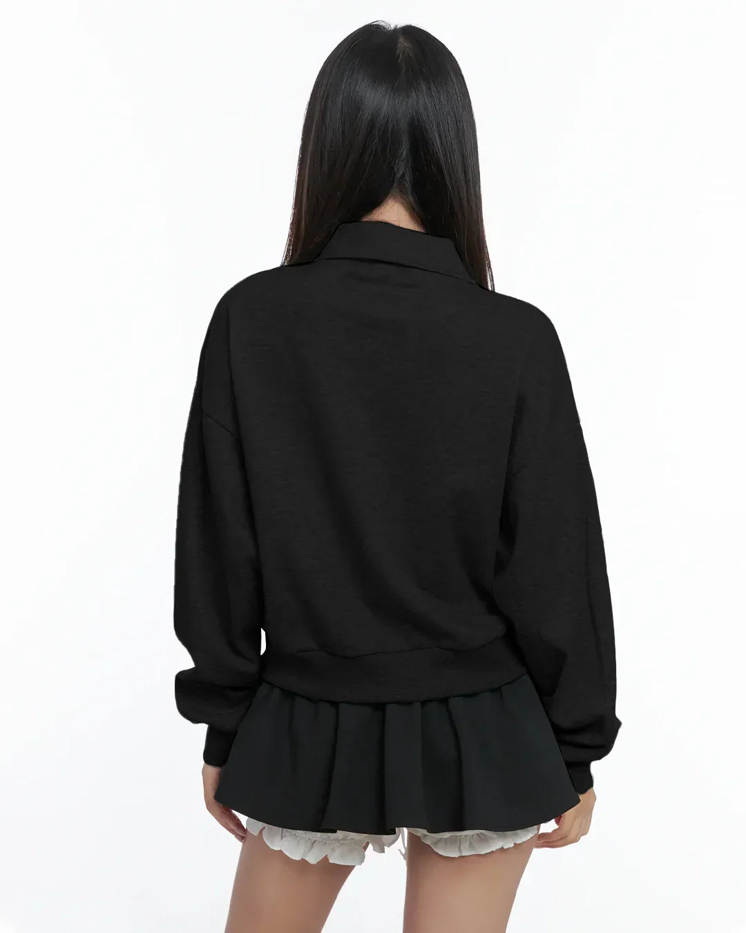 Black Zip Up Collar Long Sleeve Jacket with Front Pockets
