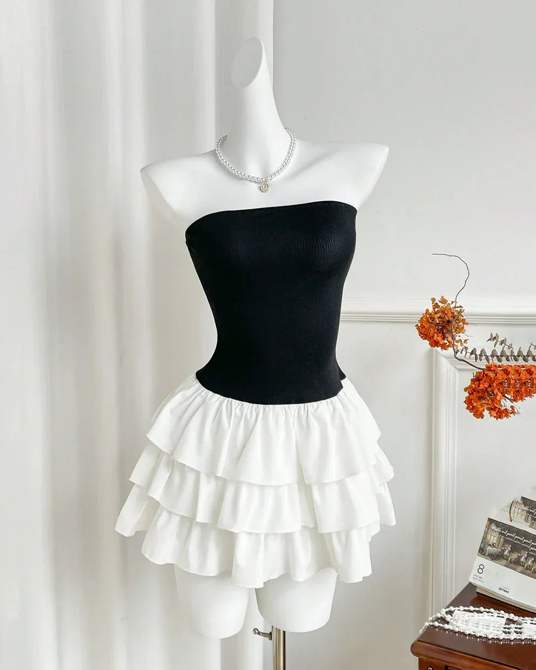 Black and White Strapless Tiered Ruffle Mini Dress
