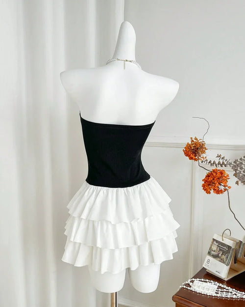 Black and White Strapless Tiered Ruffle Mini Dress