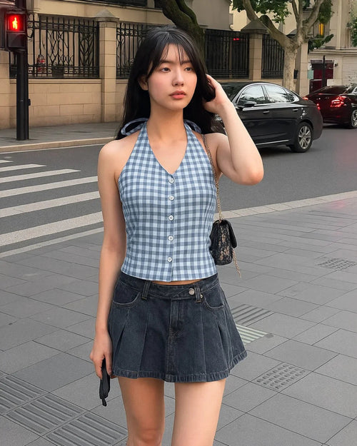 Blue Gingham Halter Neck Tie-Back Crop Top