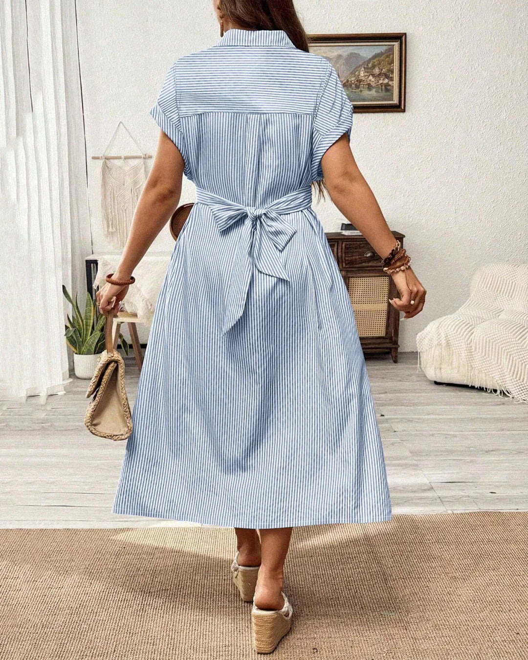 Blue Striped Collared Button-Down Twist Front Midi Dress Curve & Plus