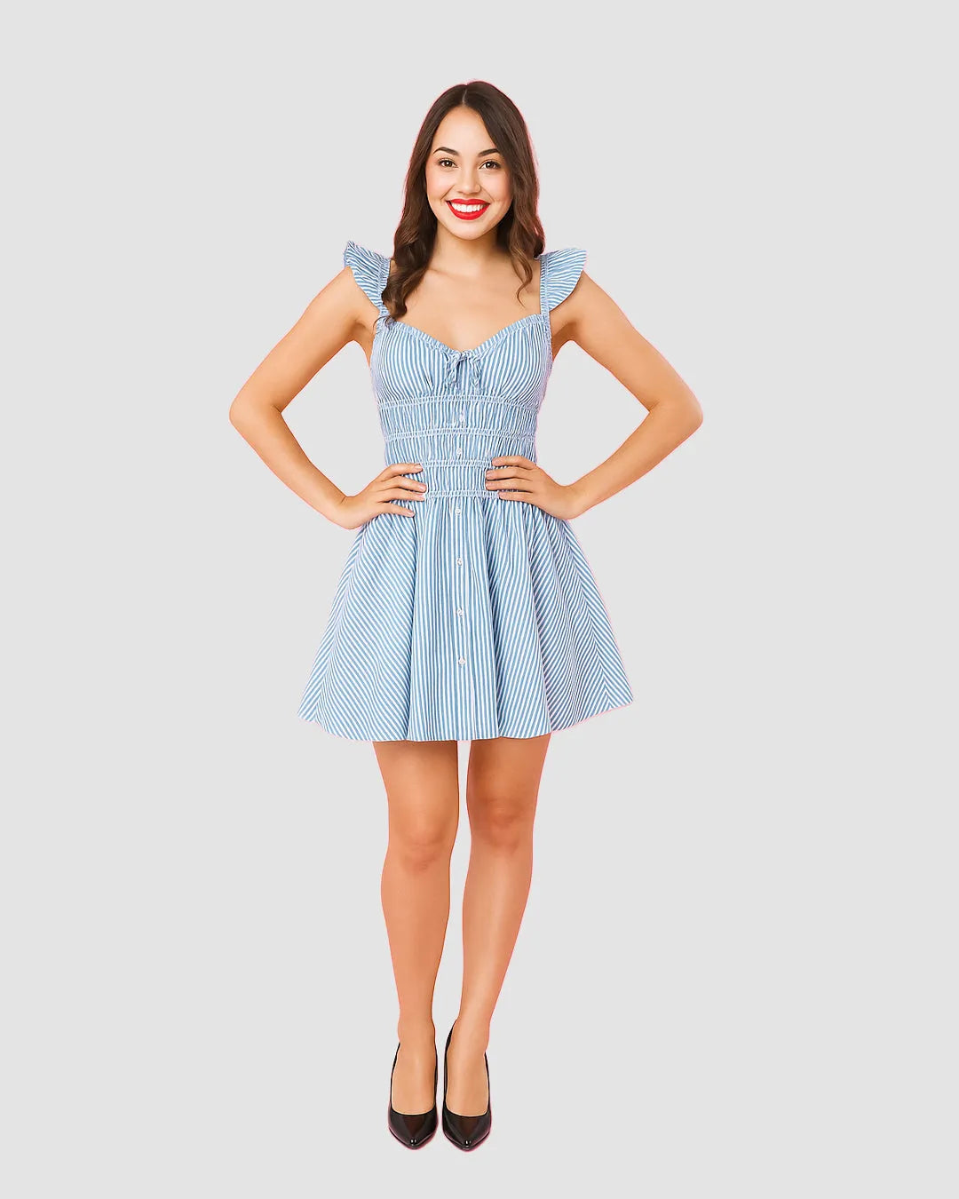 Blue Striped Smocked Mini Dress with Ruffle Sleeves
