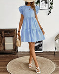 Blue & White Striped Ruffle Sleeve Tiered Mini Dress