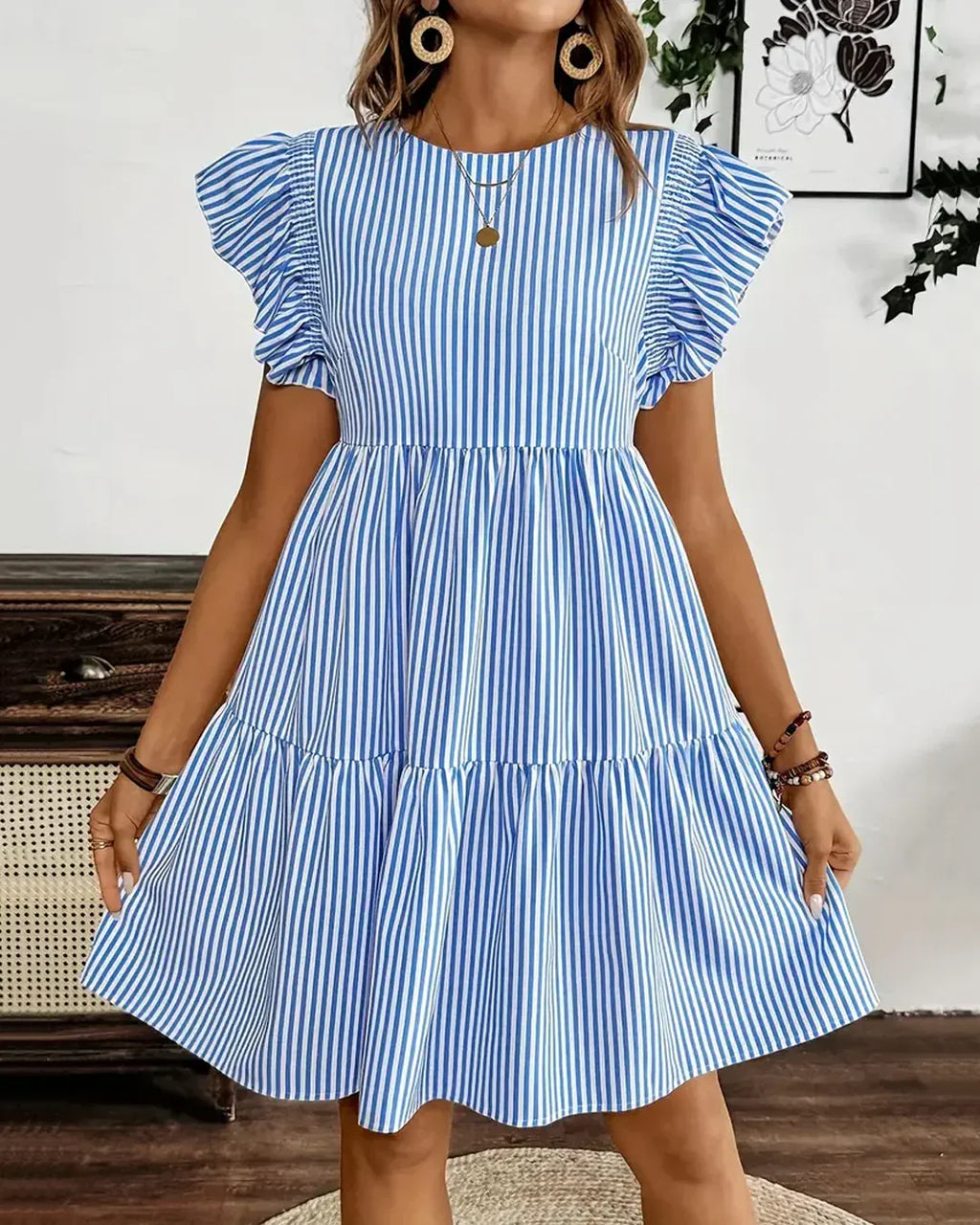 Blue & White Striped Ruffle Sleeve Tiered Mini Dress