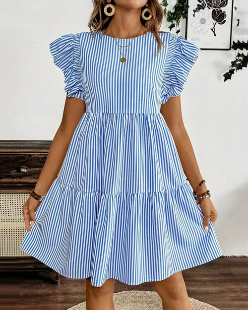 Blue & White Striped Ruffle Sleeve Tiered Mini Dress