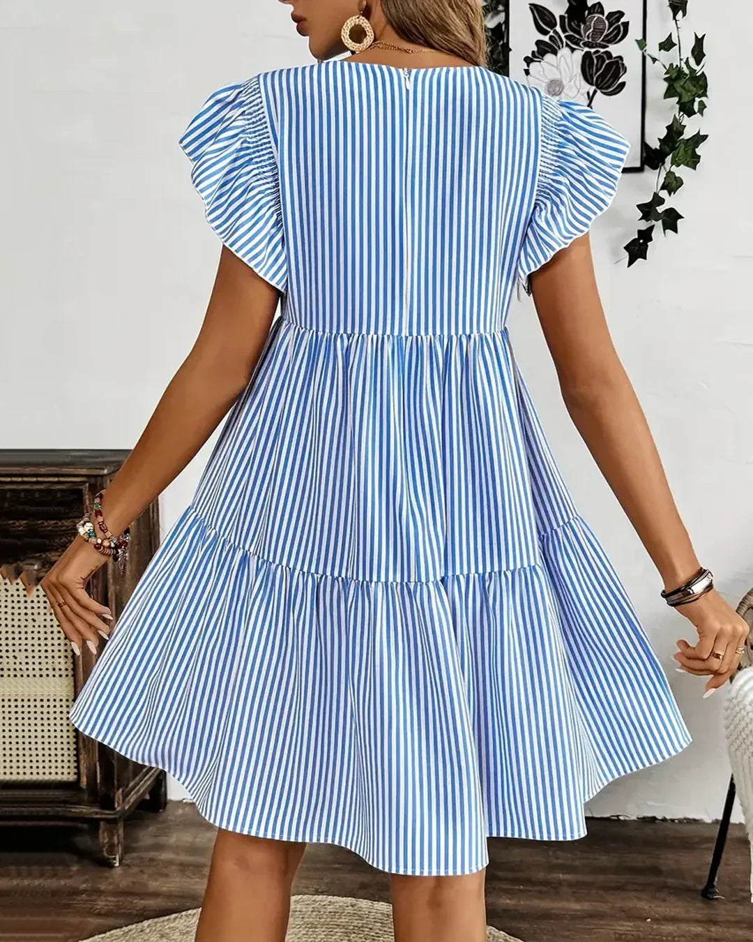 Blue & White Striped Ruffle Sleeve Tiered Mini Dress