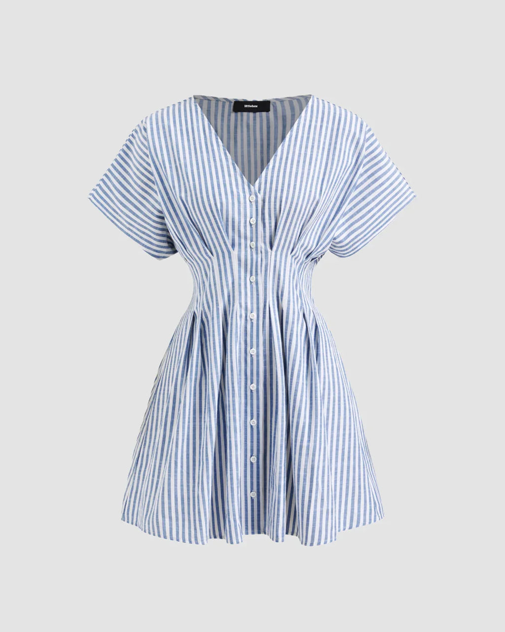 V Neck Flared Button Down Mini Dress in Blue and White