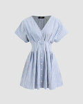 V Neck Flared Button Down Mini Dress in Blue and White