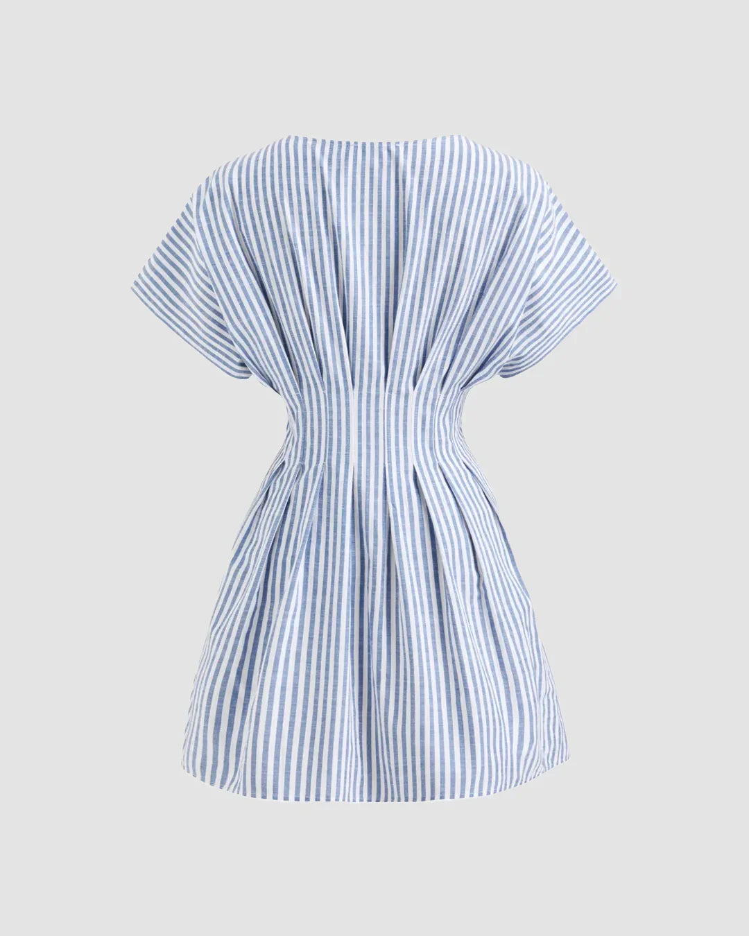 V Neck Flared Button Down Mini Dress in Blue and White