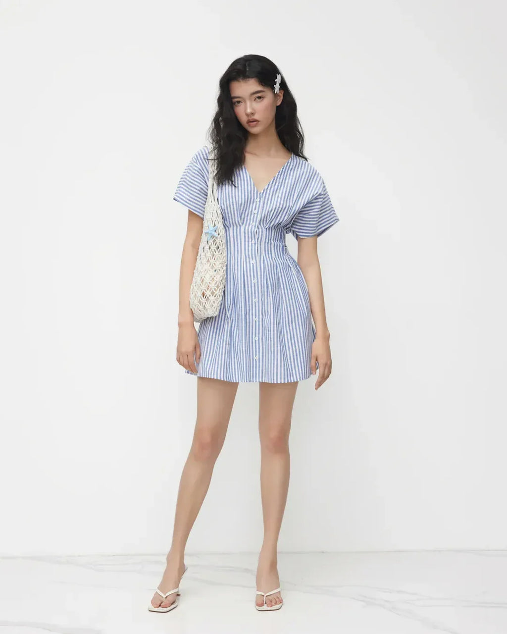 V Neck Flared Button Down Mini Dress in Blue and White