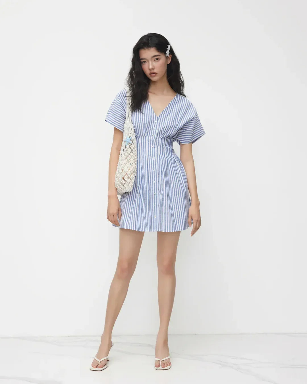 V Neck Flared Button Down Mini Dress in Blue and White