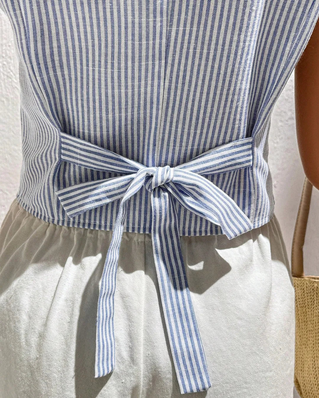 Blue and White Striped Sleeveless Button-Up Vest Top