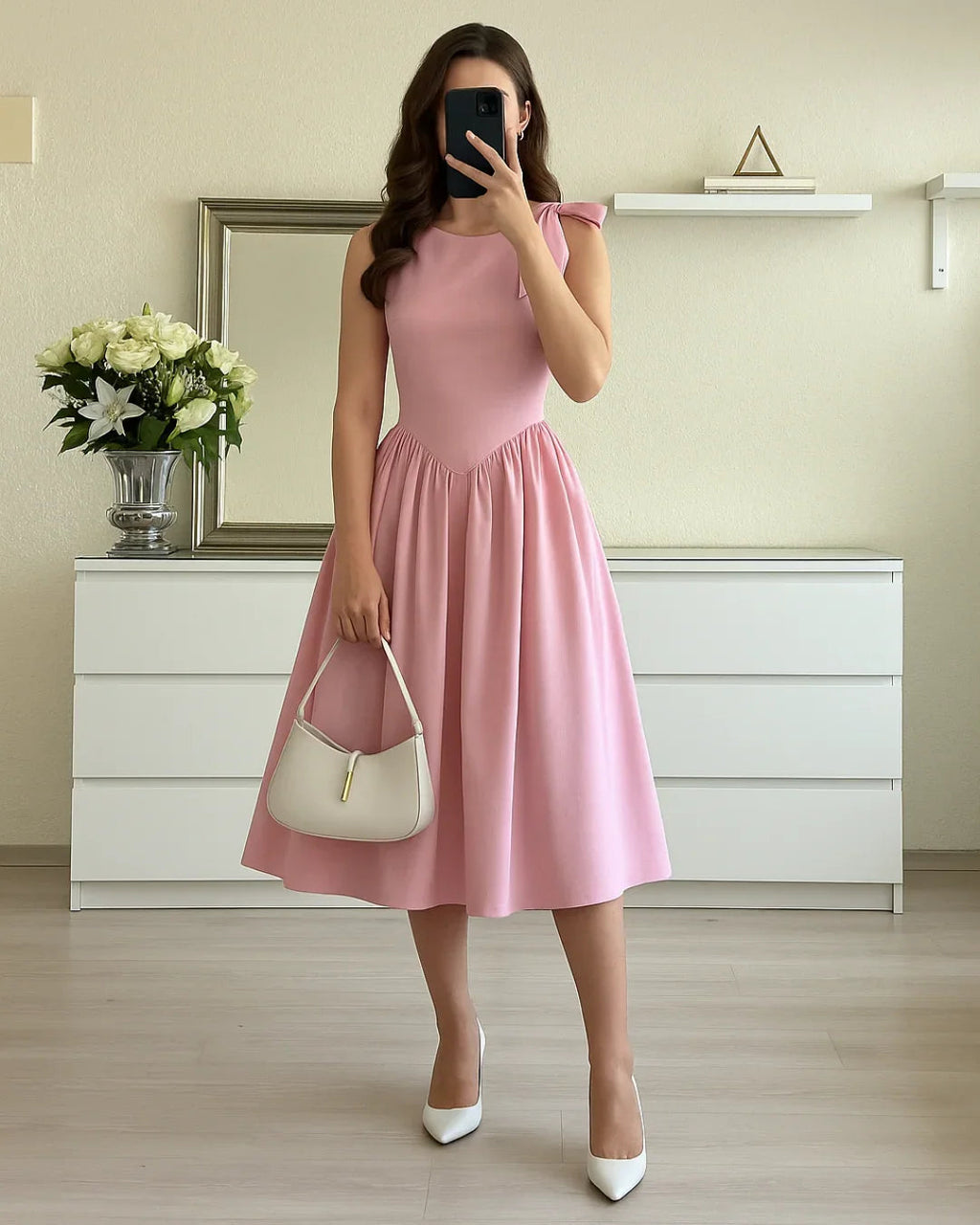 Boat Neck Midi Dress with Shoulder Bow in Dark Pink