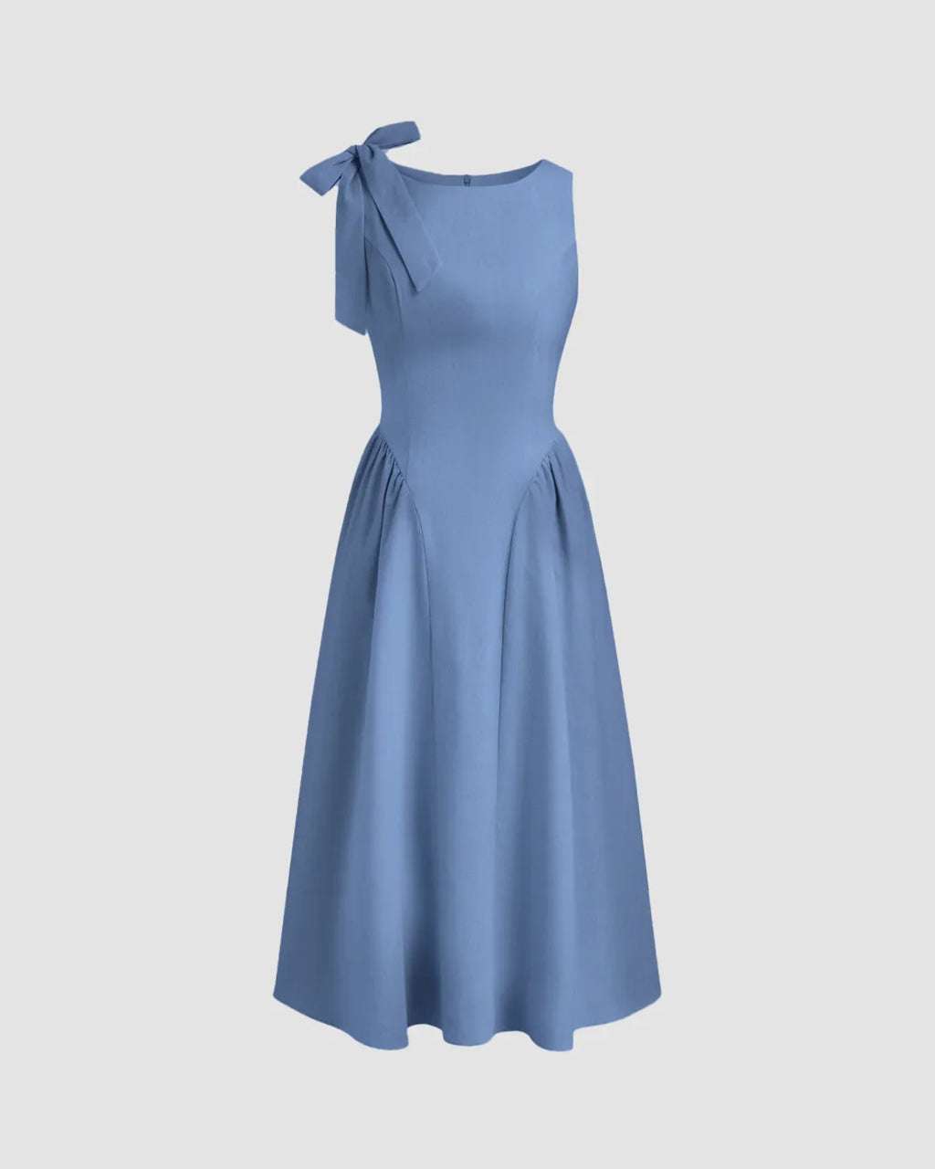 Boat Neck Bow Shoulder Fit and Flare Midi Dress in French Blue