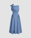Boat Neck Bow Shoulder Fit and Flare Midi Dress in French Blue