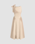 Boat Neck Bow Shoulder Fit and Flare Midi Dress in Light Khaki