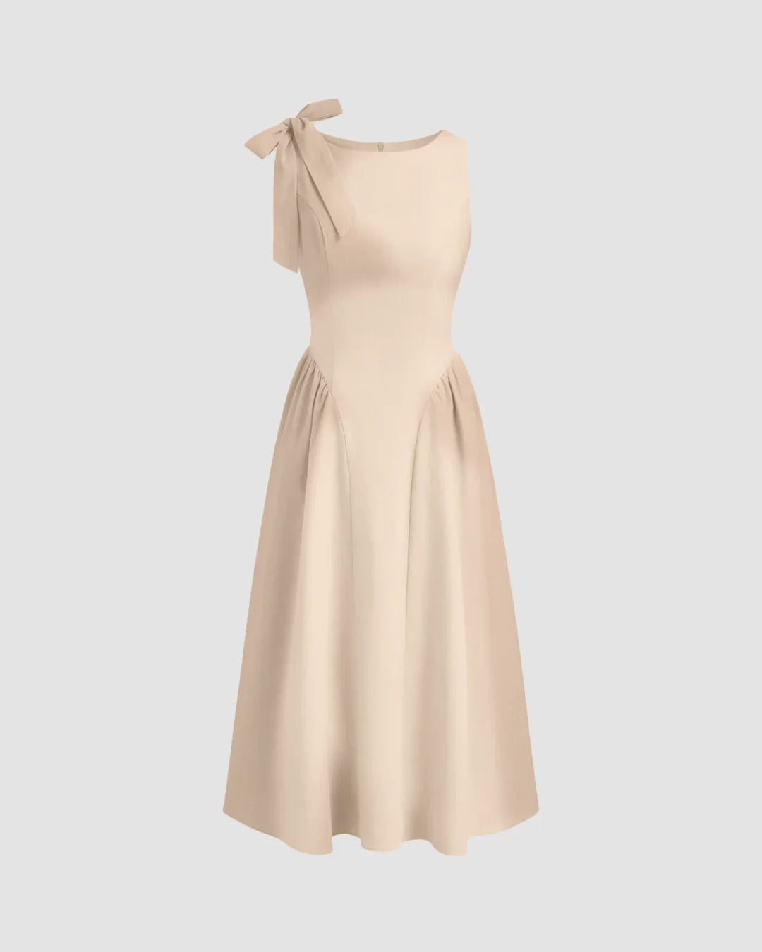 Boat Neck Bow Shoulder Fit and Flare Midi Dress in Light Khaki