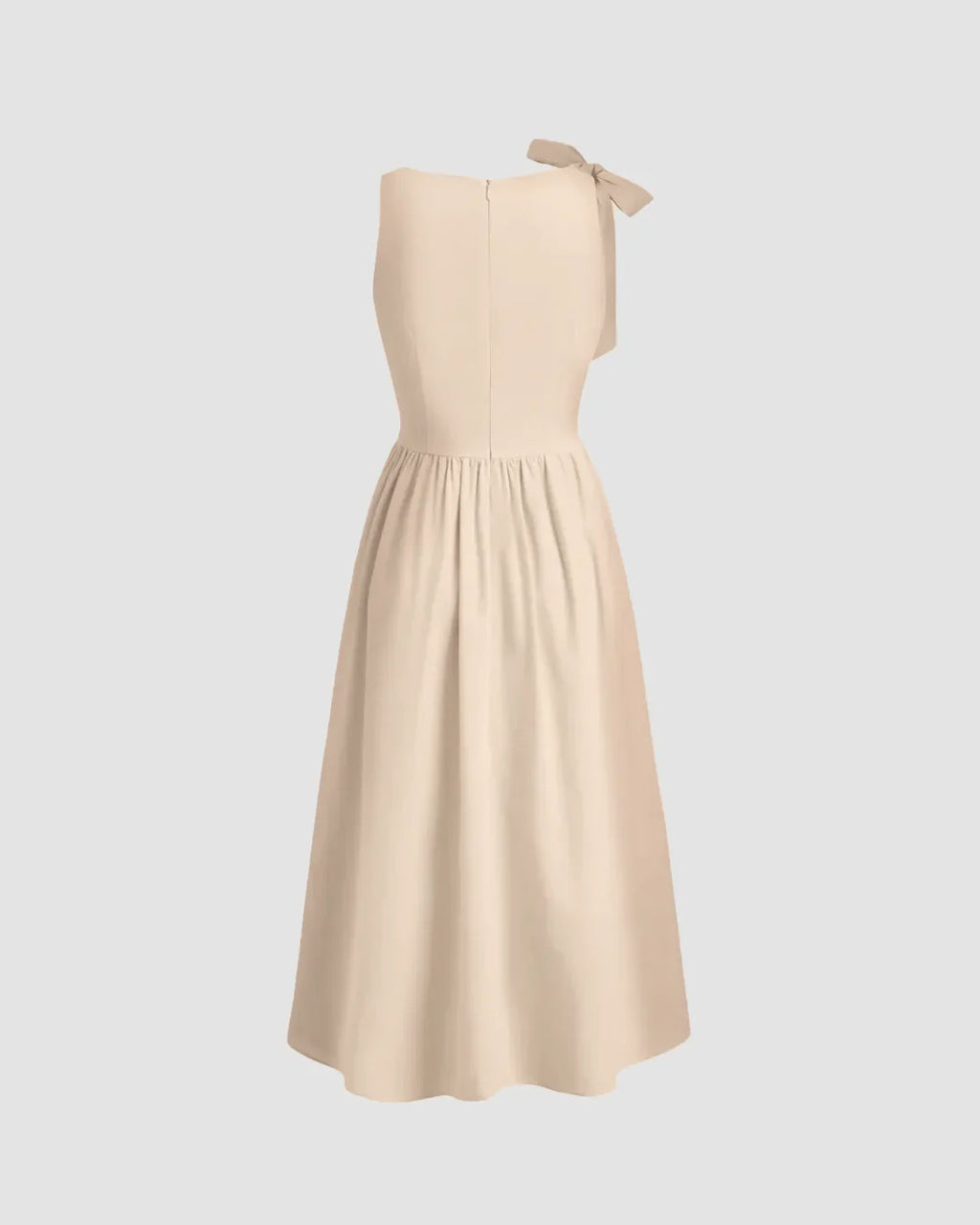 Boat Neck Bow Shoulder Fit and Flare Midi Dress in Light Khaki