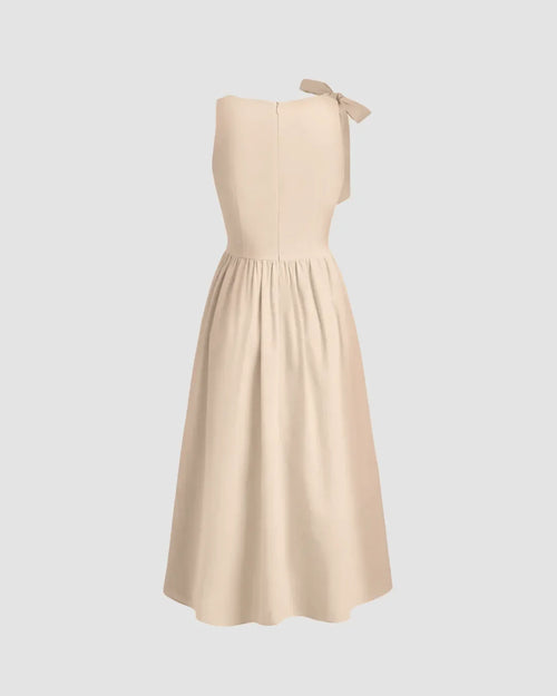 Boat Neck Bow Shoulder Fit and Flare Midi Dress in Light Khaki