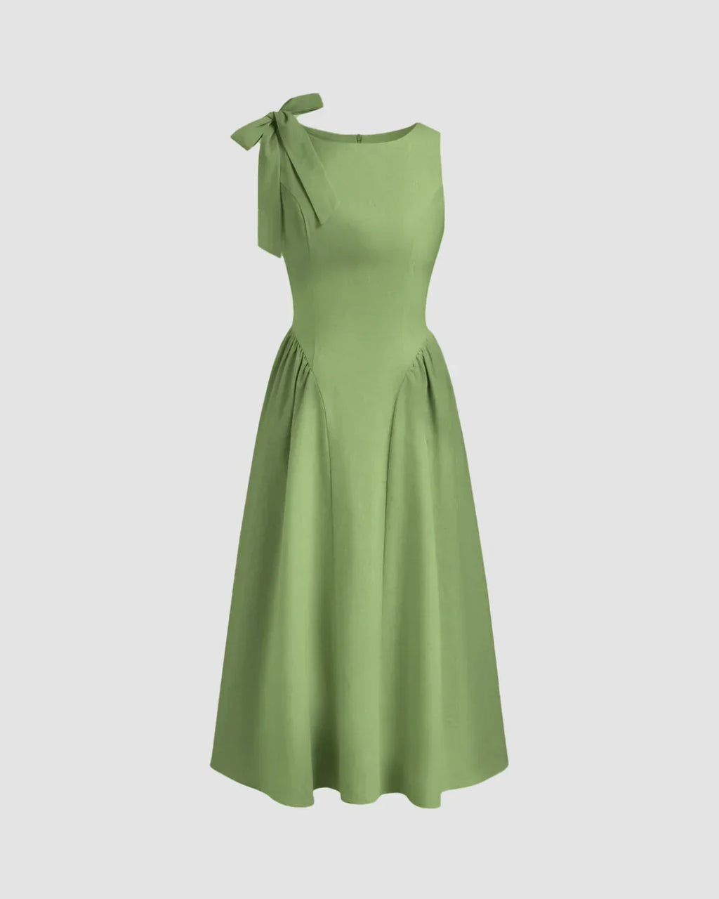 Boat Neck Bow Shoulder Fit and Flare Midi Dress in Light Pista
