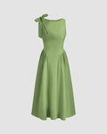 Boat Neck Bow Shoulder Fit and Flare Midi Dress in Light Pista