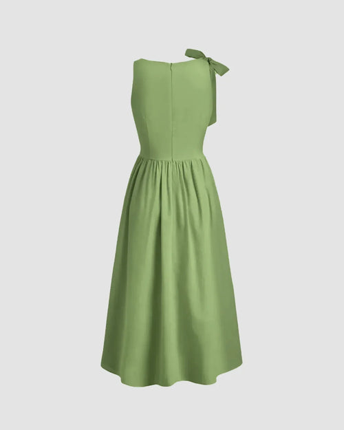 Boat Neck Bow Shoulder Fit and Flare Midi Dress in Light Pista