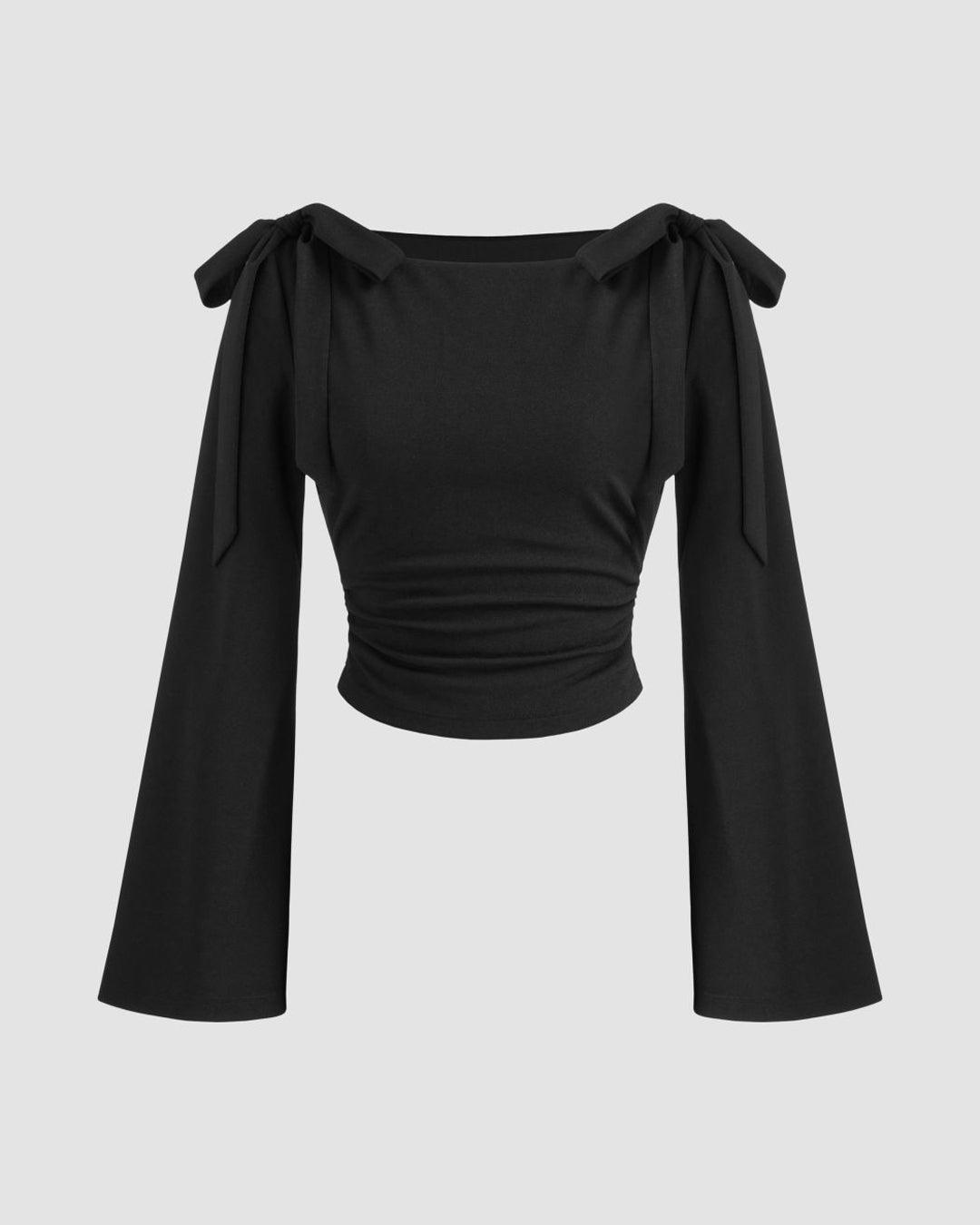 Boat Neck Bow Tie And Long Ruffled Sleeve Top