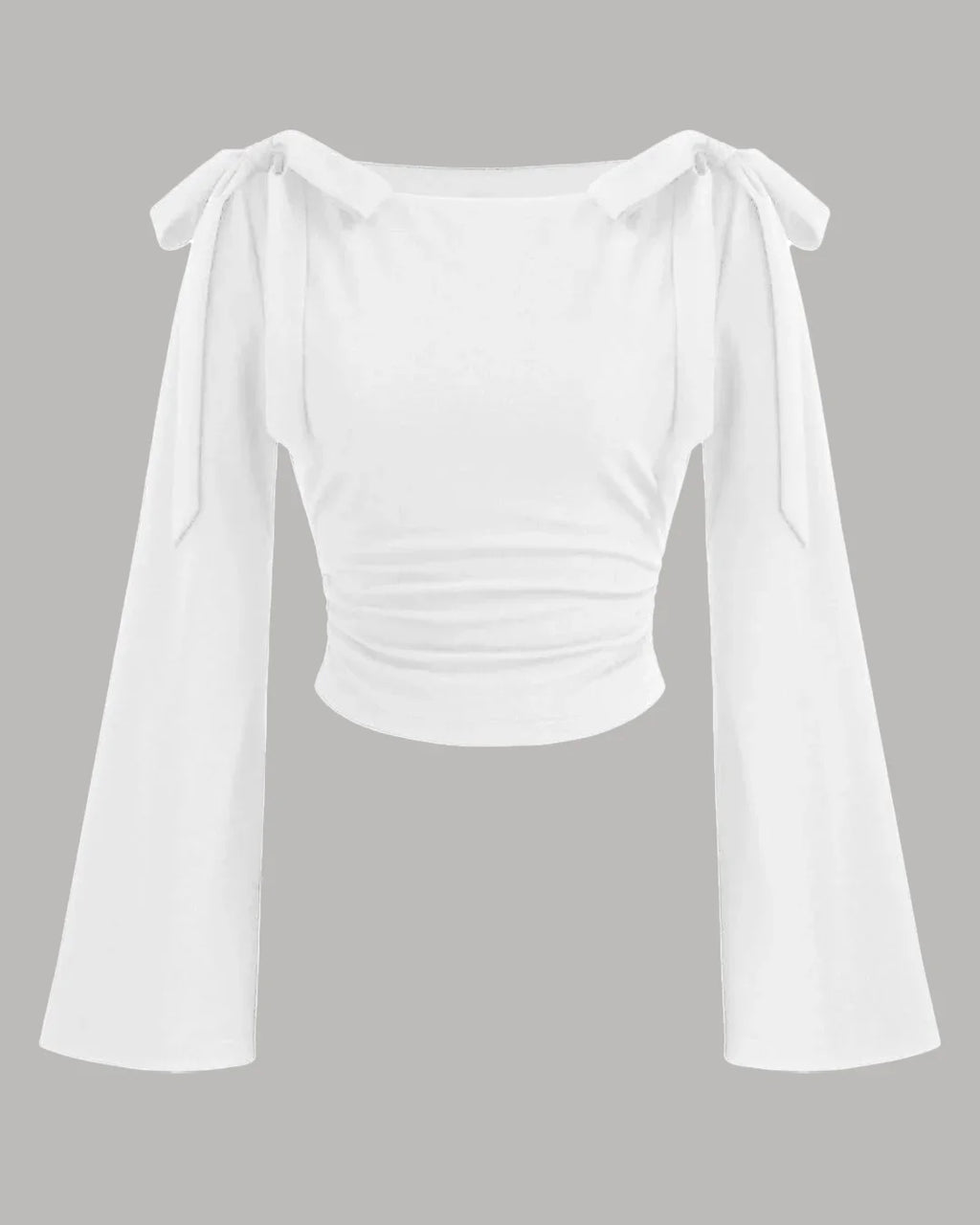 Boat Neck Bow Tie And Long Ruffled Sleeve Top in White