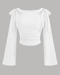 Boat Neck Bow Tie And Long Ruffled Sleeve Top in White