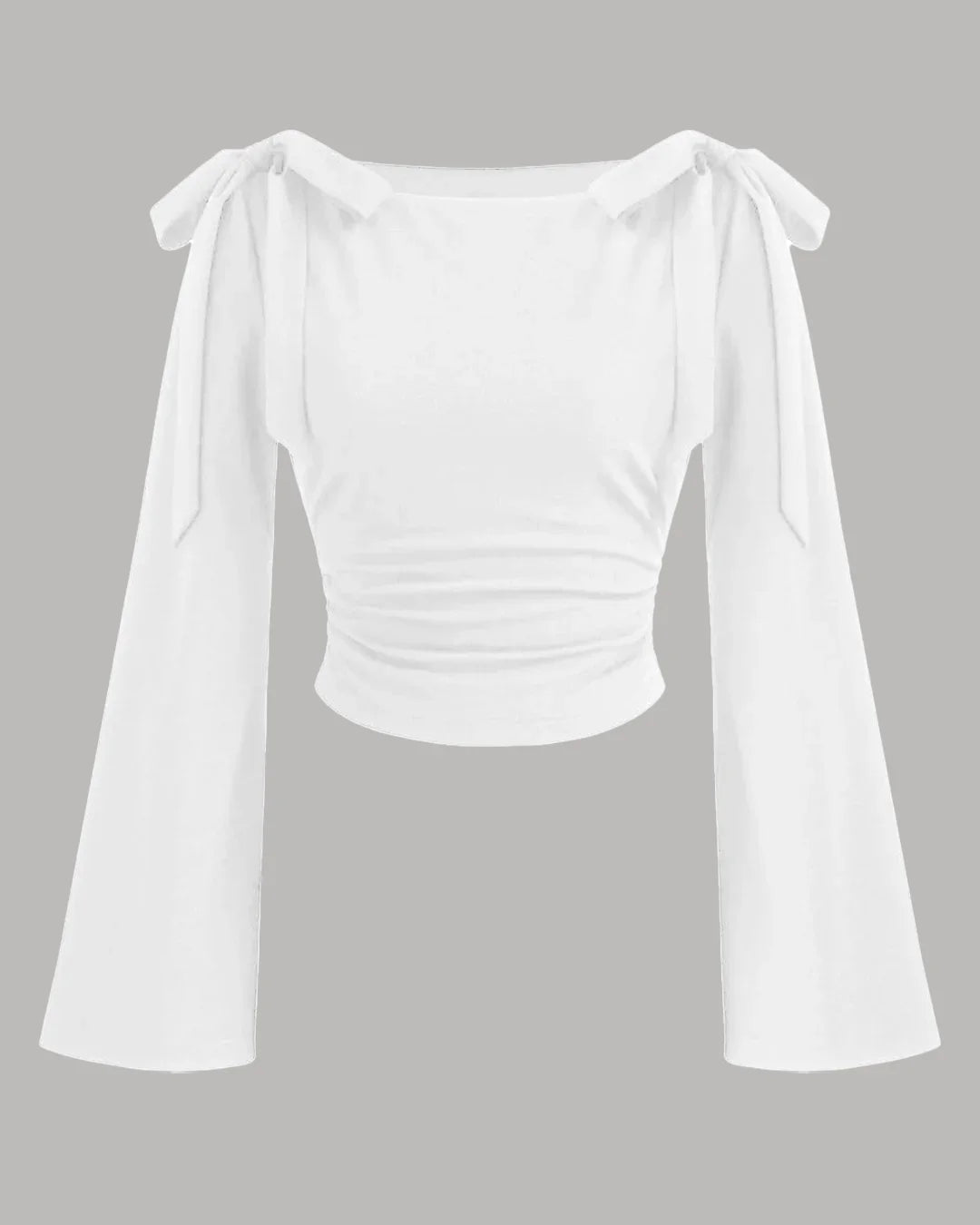 Boat Neck Bow Tie And Long Ruffled Sleeve Top in White