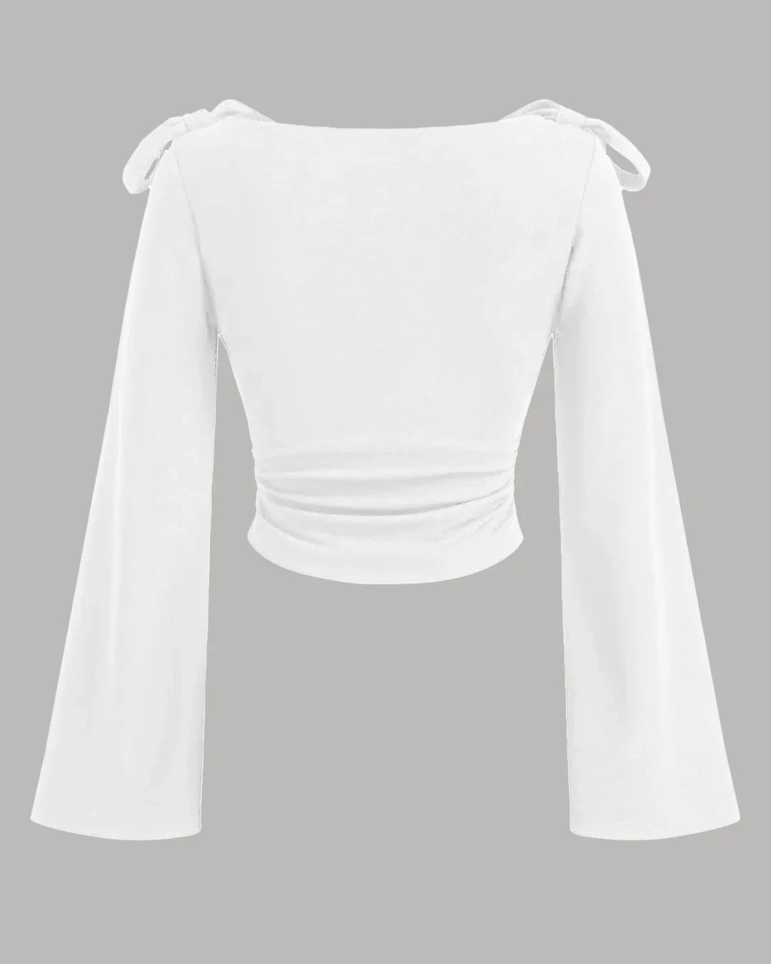 Boat Neck Bow Tie And Long Ruffled Sleeve Top in White
