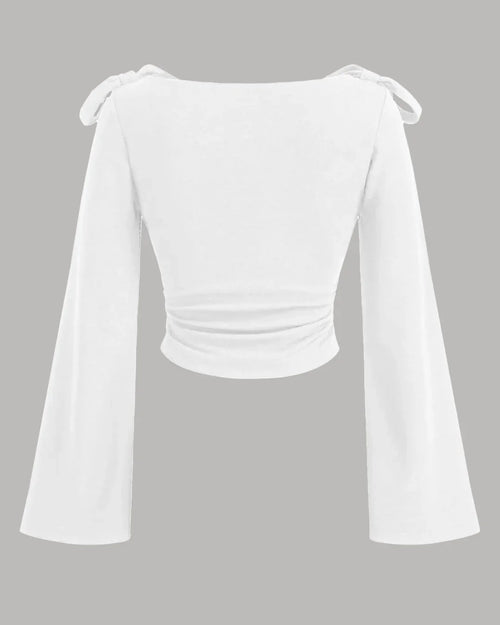 Boat Neck Bow Tie And Long Ruffled Sleeve Top in White