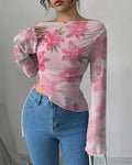 Boat Neck Floral Print Slim Fit Asymmetrical Hem Full Sleeve Top in Pink