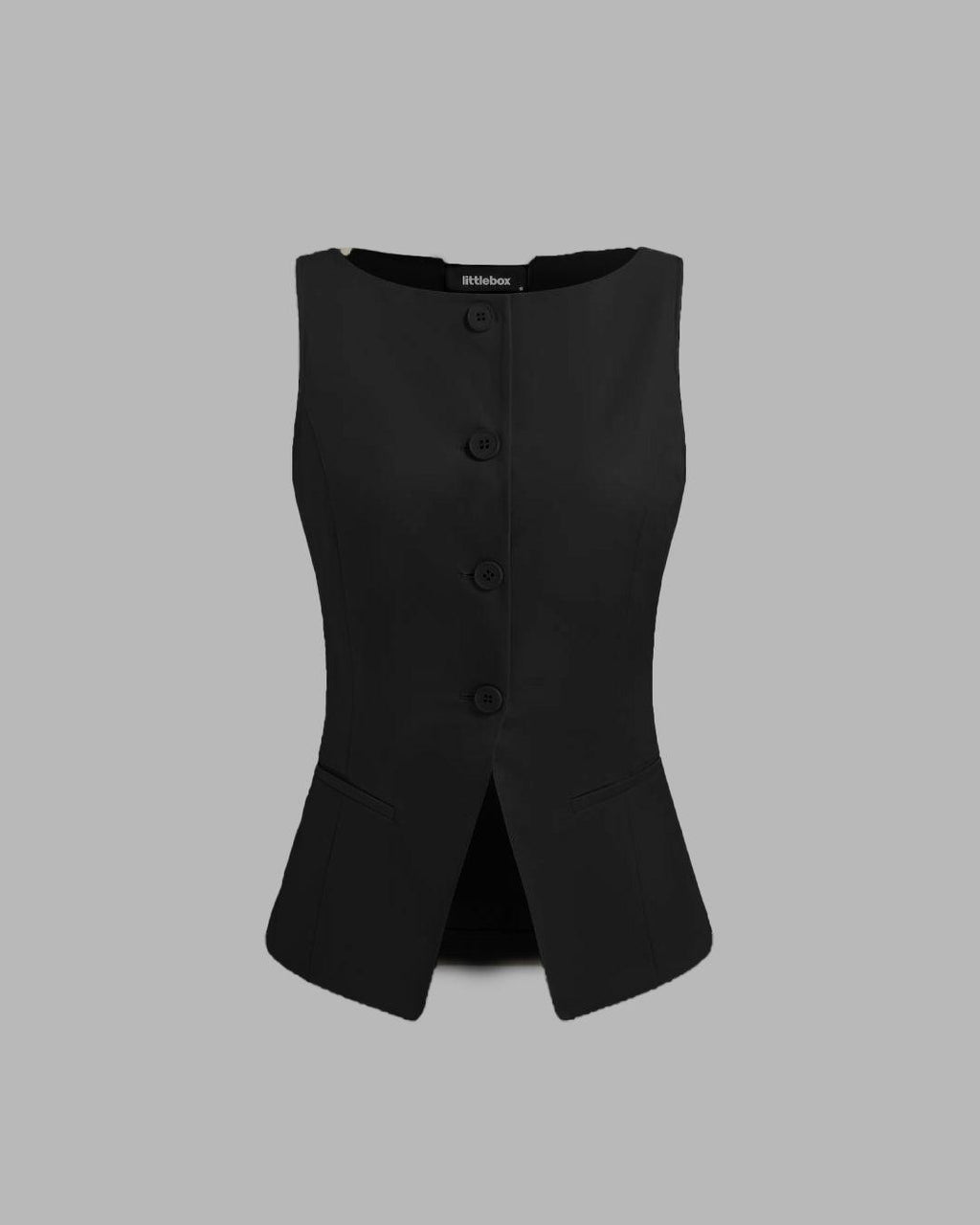 Boat Neck Front Button Black Vest Jacket