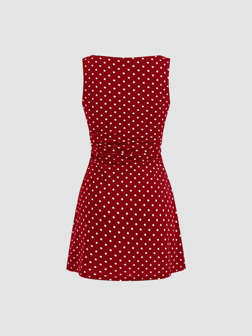 Boat Neck Polka Dot Ruched Mini Dress