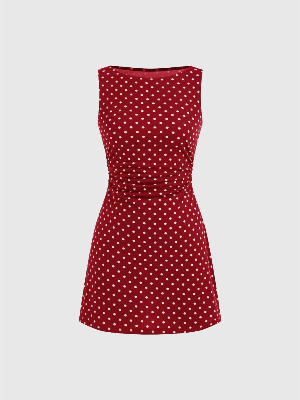 Boat Neck Polka Dot Ruched Mini Dress